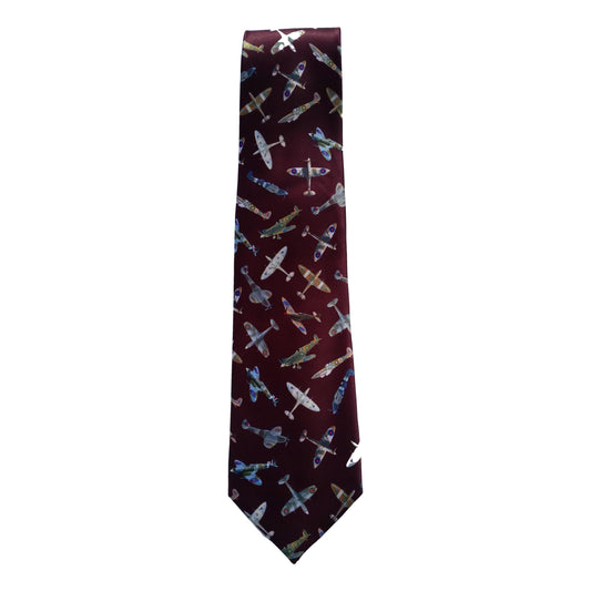 RAF Spitfires on Burgundy Sleeved Polyester Novelty Tie image 0
