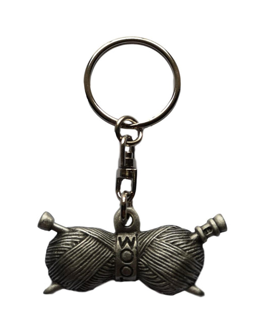 Wool balls and knitting needles pewter metal keyring image 0