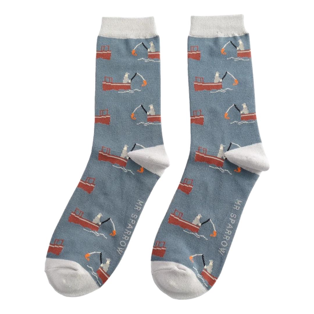 Gone Fishing on Grey Denim Mens Novelty Ankle Socks Adult One Size image 0