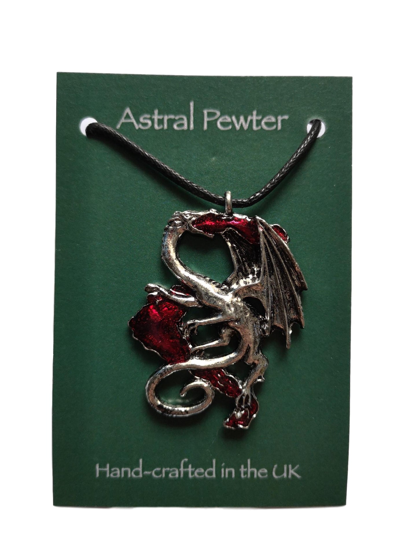 Fire Breathing Dragon enameled pewter metal black cord pendant image 1