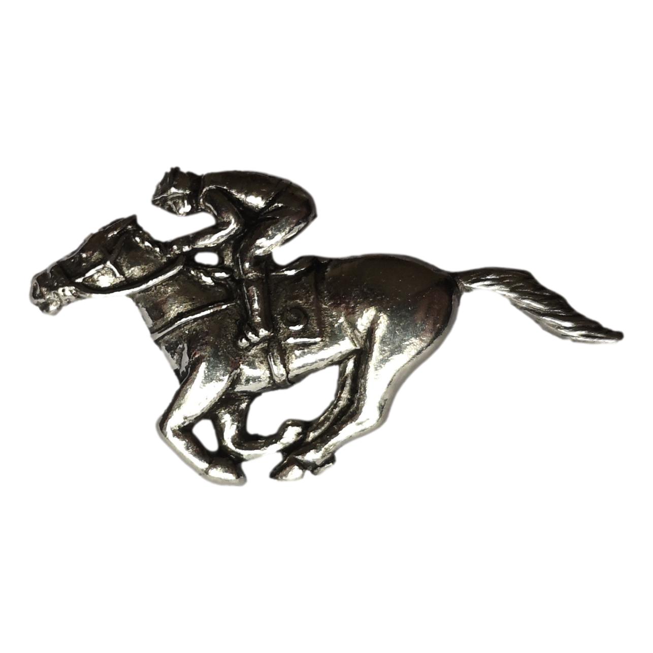 Racing Horse and Jockey polished pewter metal lapel pin image 0