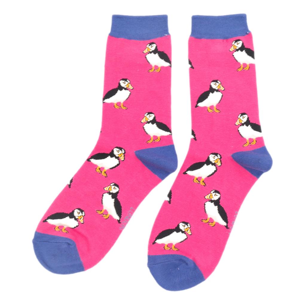 Cute Puffins on Fuchsia Pink Womens Novelty Ankle Socks Adult One Size image 0