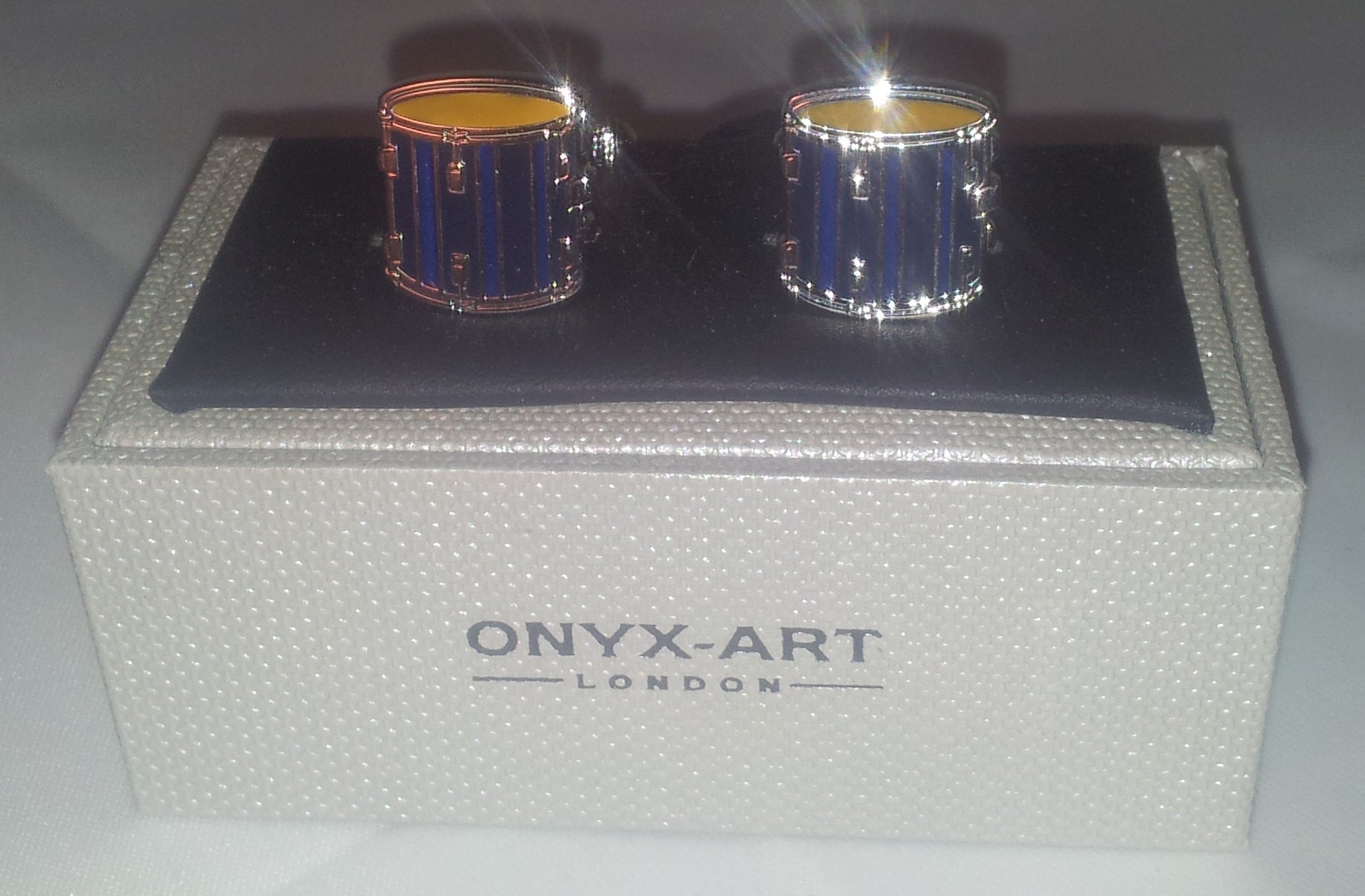 Marching Drum silver-plated torpedo cufflinks in padded gift box image 1