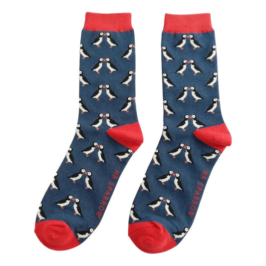 Kissing Puffins on Navy Blue Mens Novelty Ankle Socks Adult One Size image 0