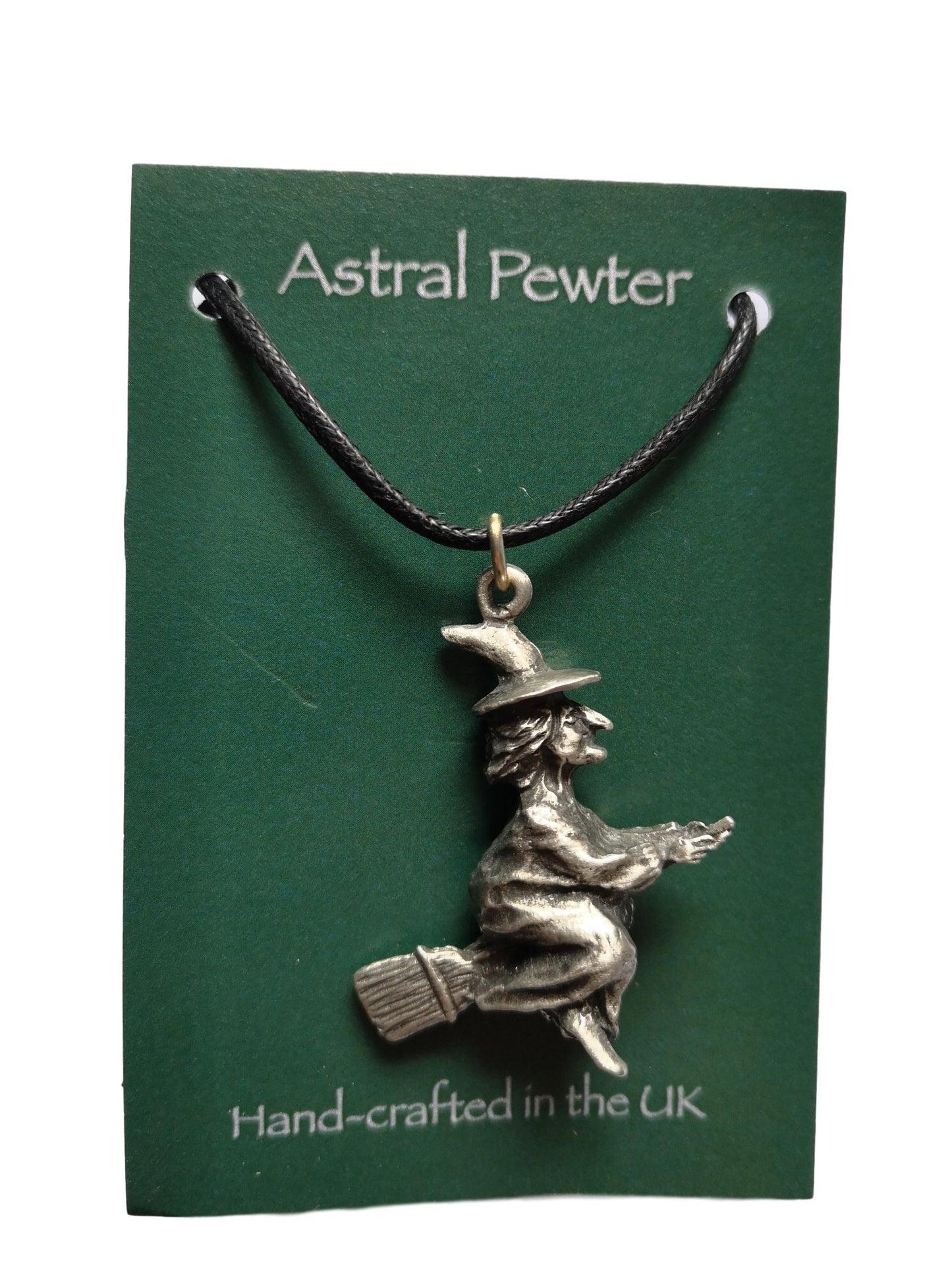 Witch on Broomstick pewter metal black cord pendant image 1
