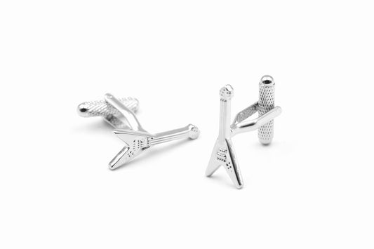 Flying V Guitar silver-plated torpedo cufflinks in padded gift box image 0