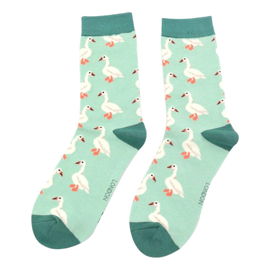 White Ducks on Mint Green Ladies Novelty Ankle Socks Adult One Size image 0