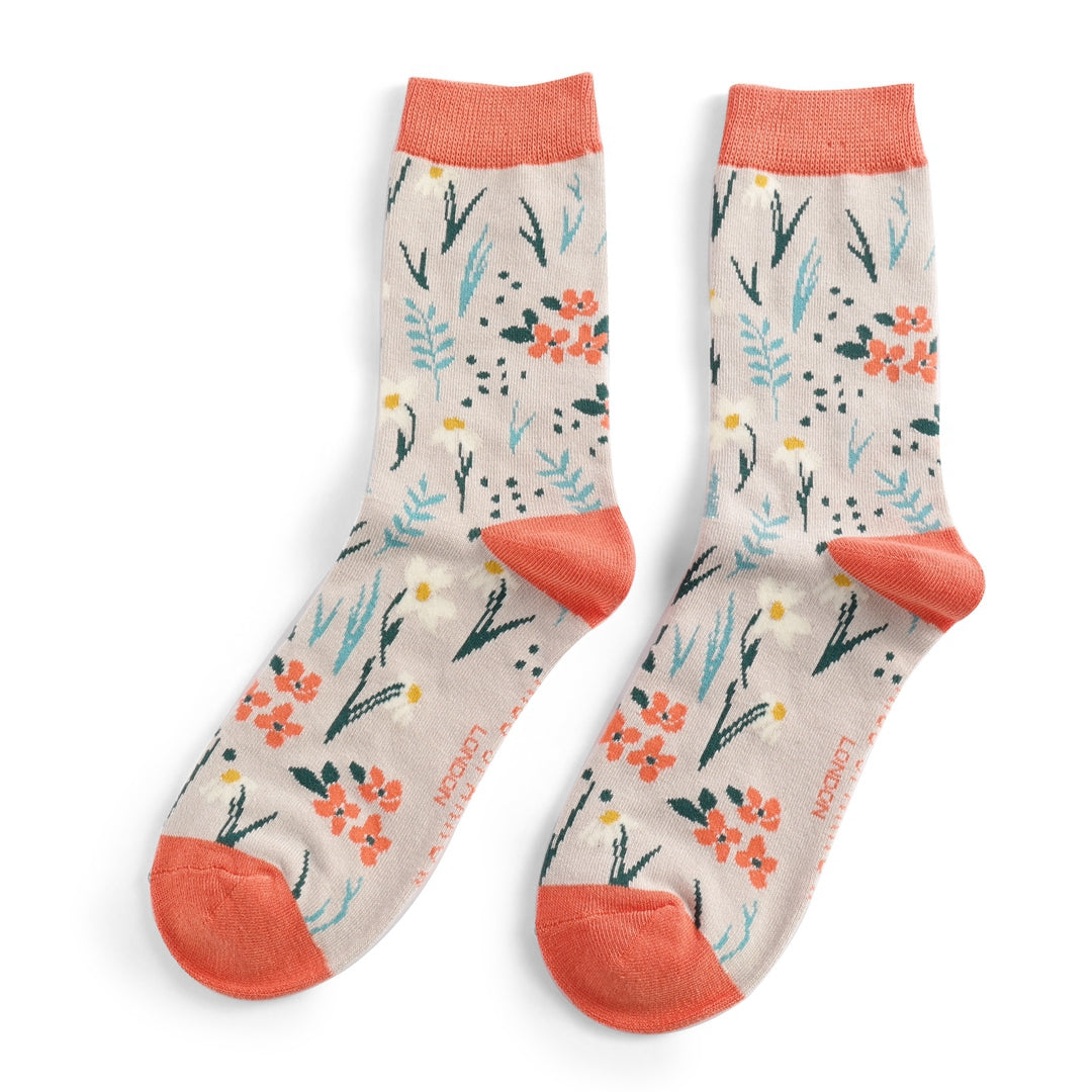 Meadow Flowers on Silver Womens Novelty Ankle Socks Adult One Size image 0