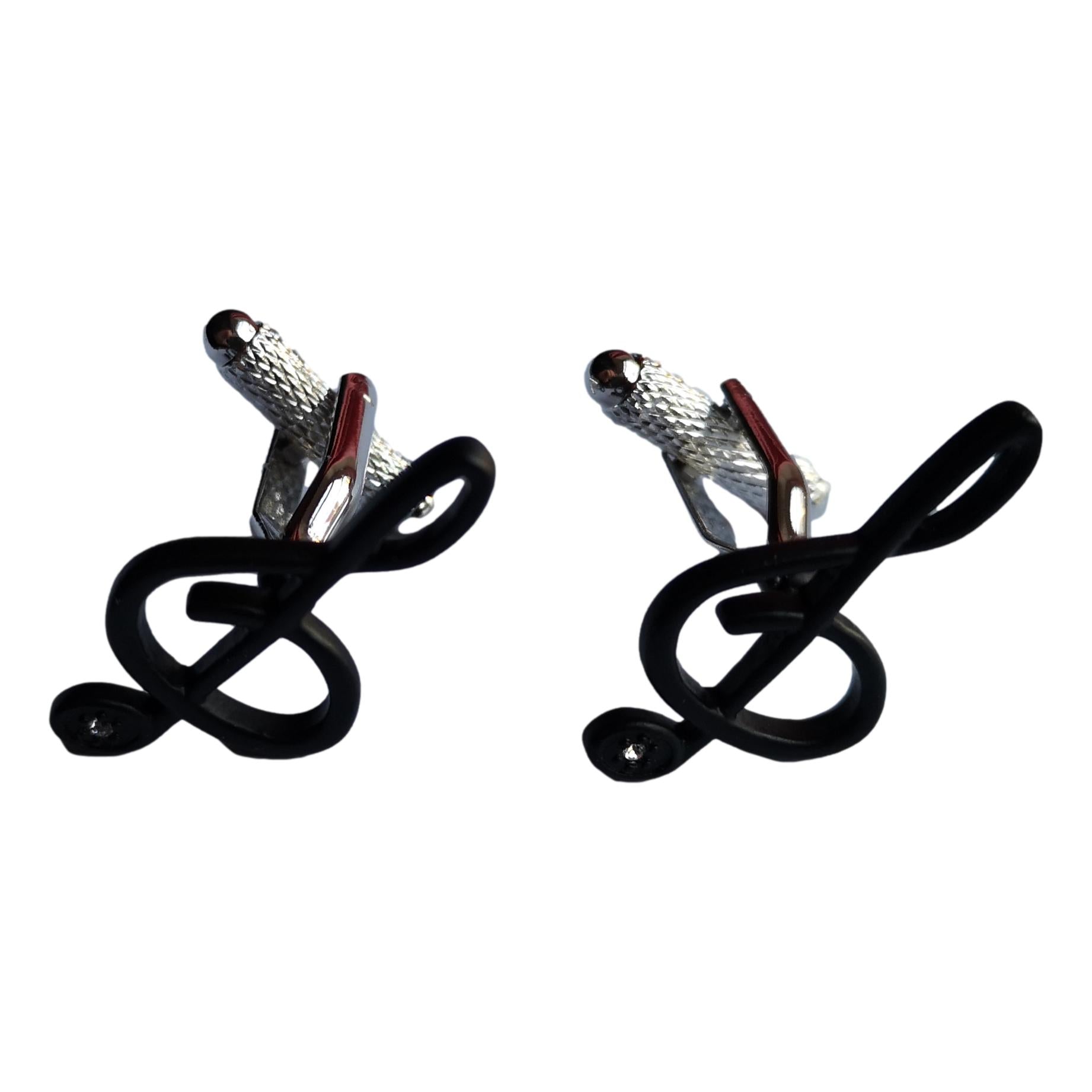 Black Treble Clef crystal foot silver-plated torpedo cufflinks in padded gift box image 0