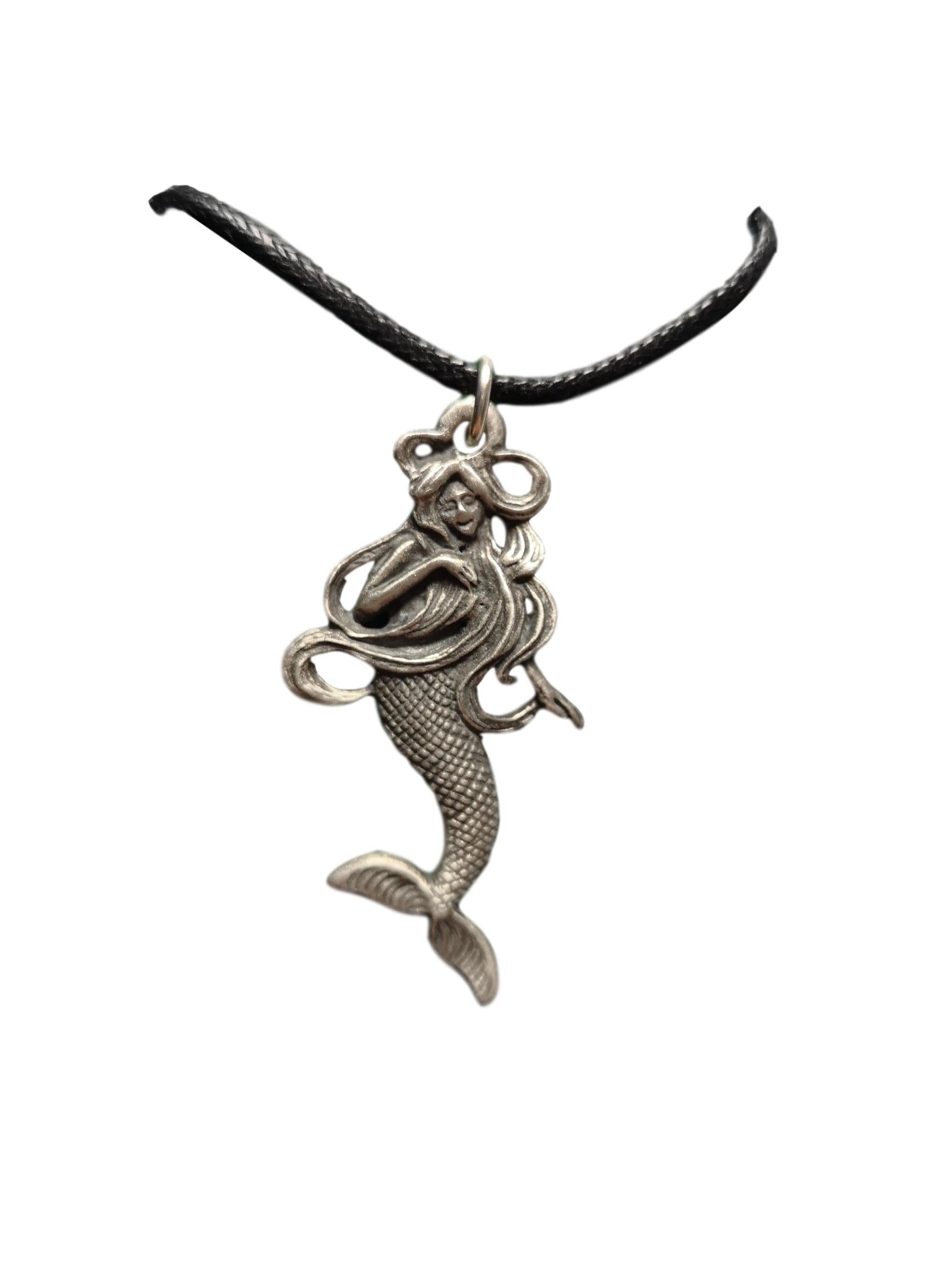 Mermaid pewter metal black cord pendant image 0