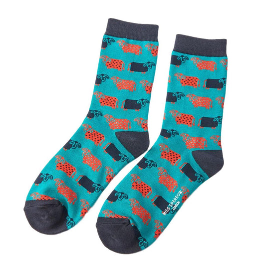 Cute Cows on Teal Womens Novelty Ankle Socks Adult One Size image 0