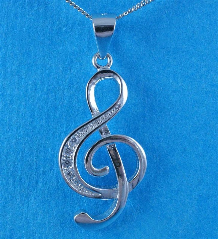Treble Clef polished diamante sterling silver pendant image 1