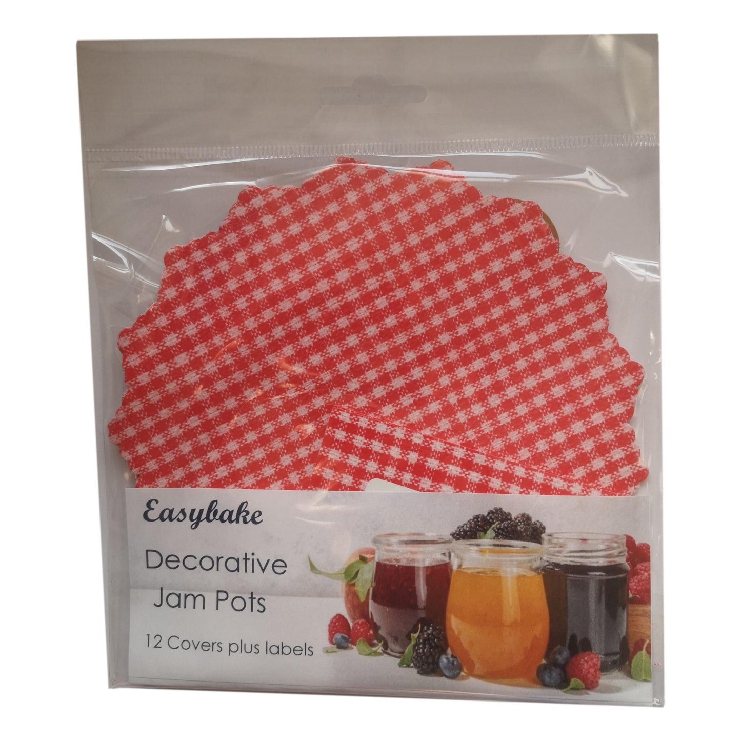12 Red Gingham Jam Pot Covers, Wax Discs, Rubber Bands and Self-Adhesive Labels image 0