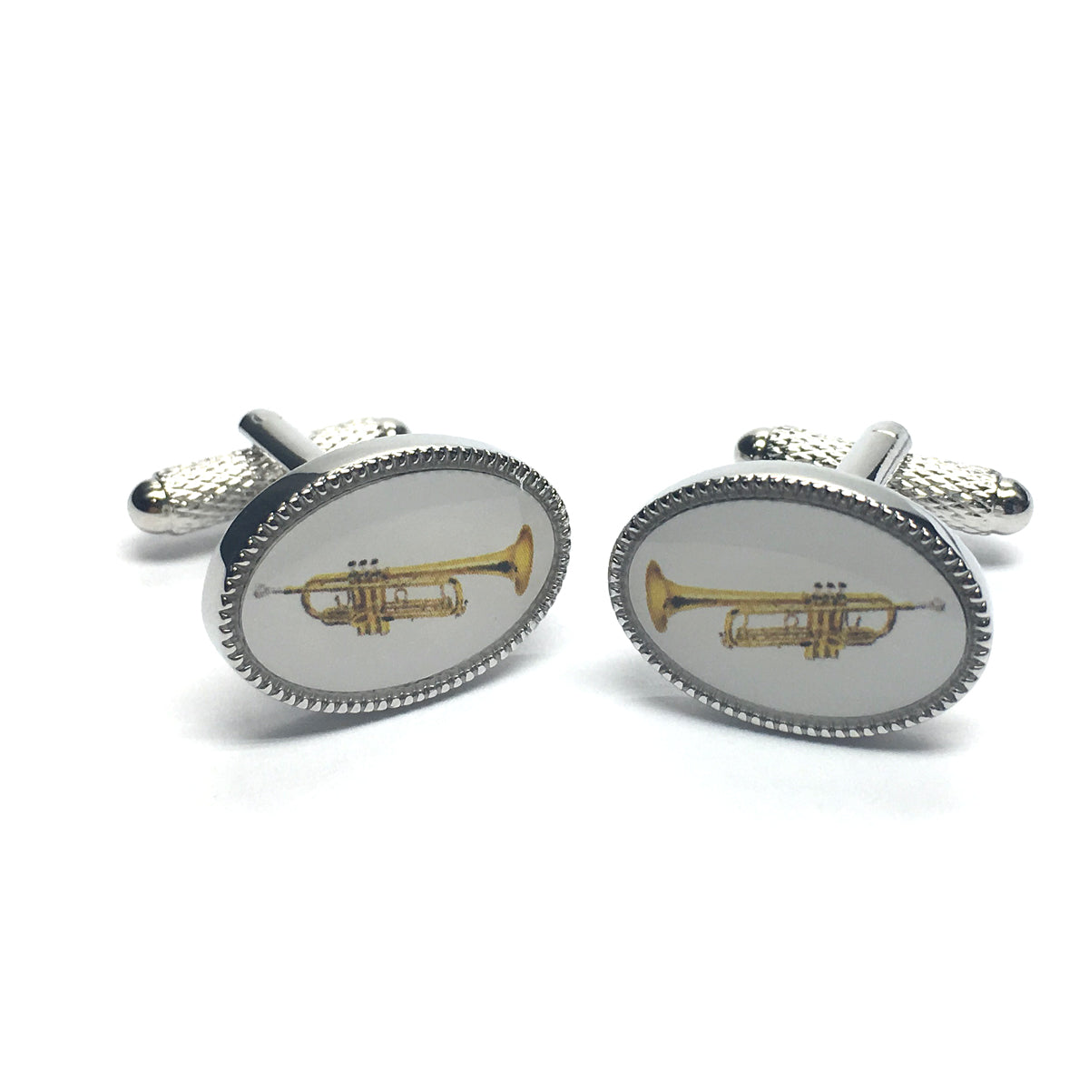 Enamelled Trumpet oval silver-plated torpedo cufflinks in padded gift box image 0