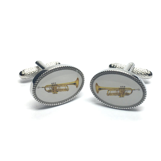 Enamelled Trumpet oval silver-plated torpedo cufflinks in padded gift box image 0