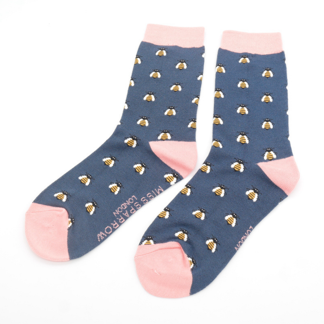 Honey Bees on Navy Blue Ladies Novelty Ankle Socks Adult One Size image 1