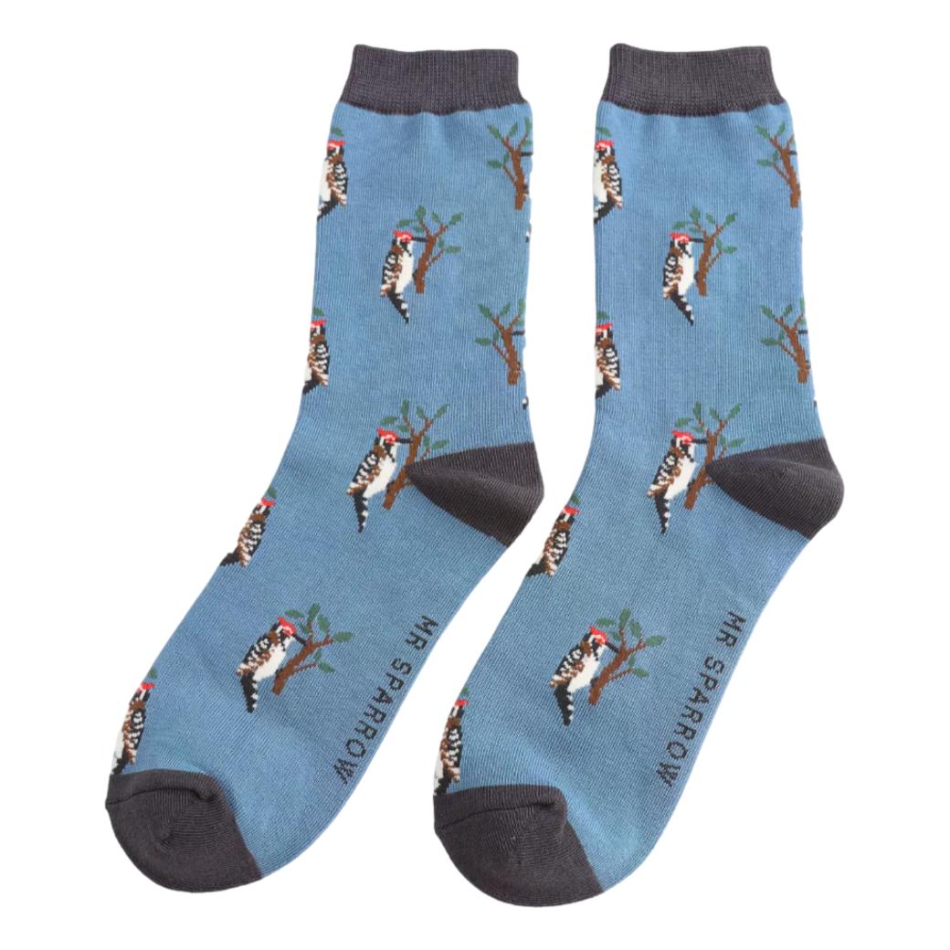 Woodpeckers on Denim Mens Novelty Ankle Socks Adult One Size