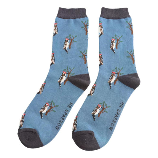 Woodpeckers on Denim Mens Novelty Ankle Socks Adult One Size