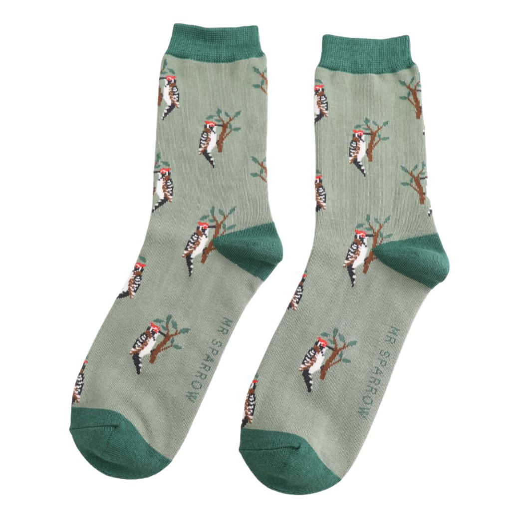 Woodpeckers on Green Mens Novelty Ankle Socks Adult One Size