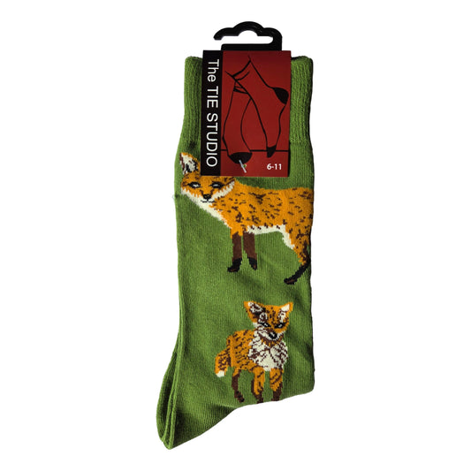 Foxes on Light Green Unisex Novelty Crew Socks Adult Size 6-11