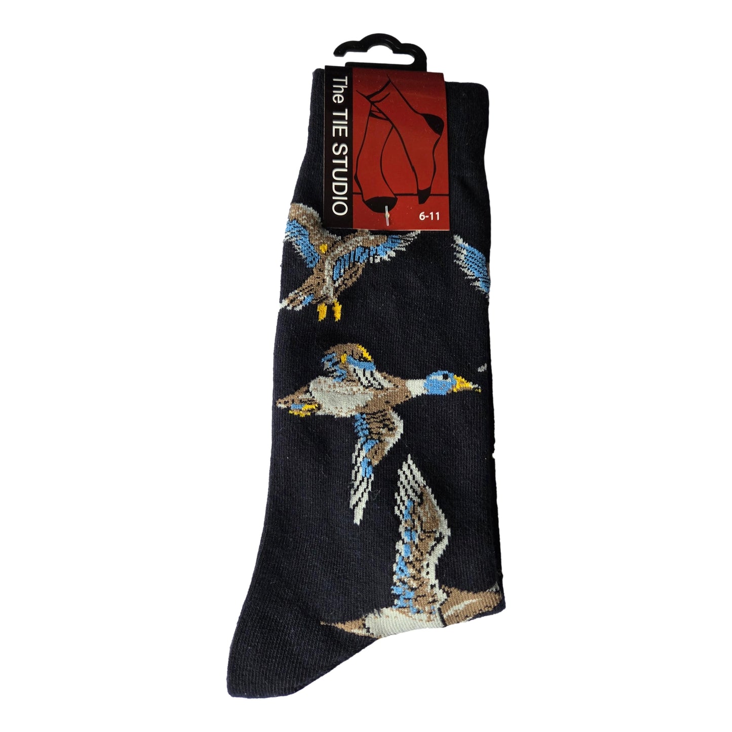 Mallard Ducks Flying on Black Unisex Novelty Crew Socks Adult Size 6-11