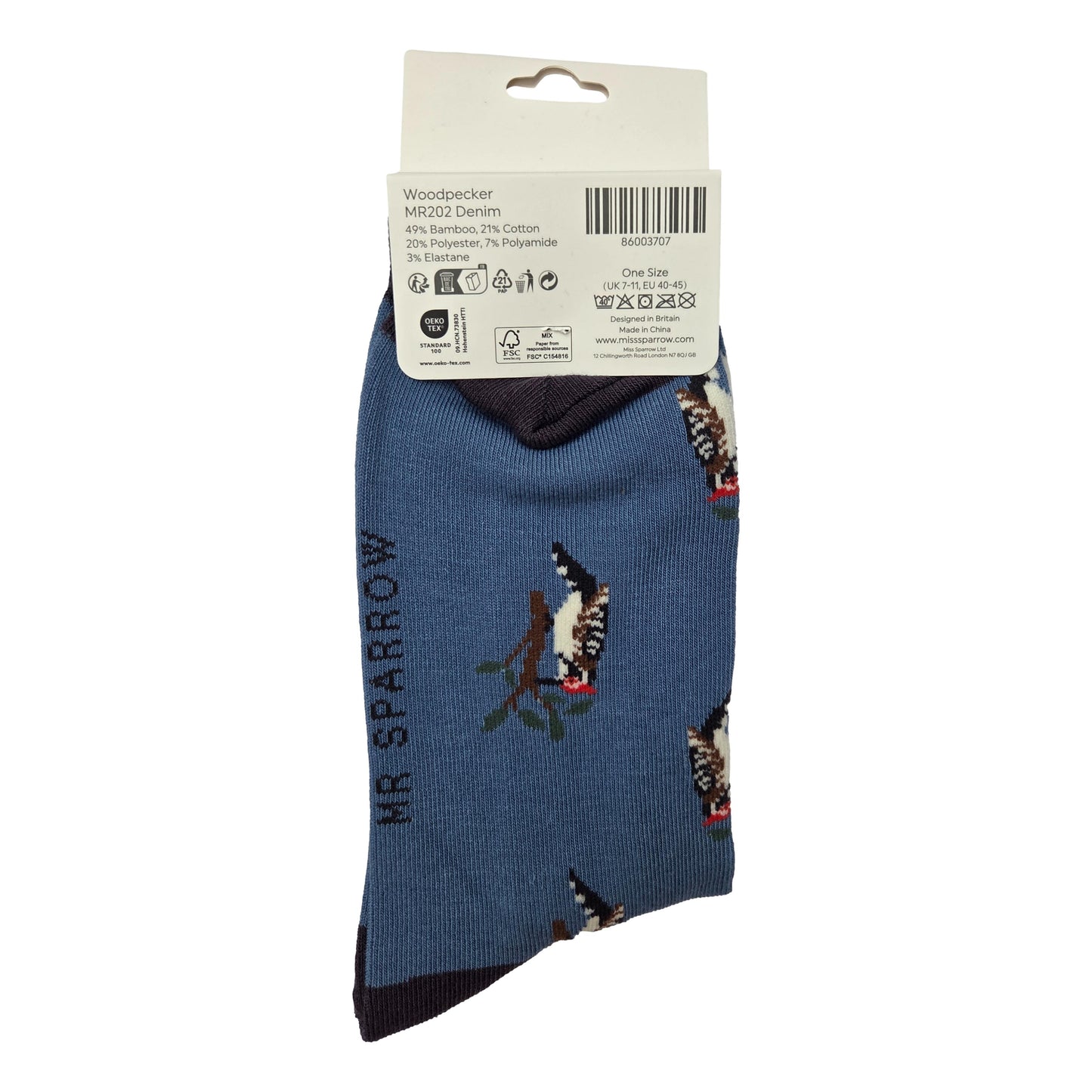 Woodpeckers on Denim Mens Novelty Ankle Socks Adult One Size