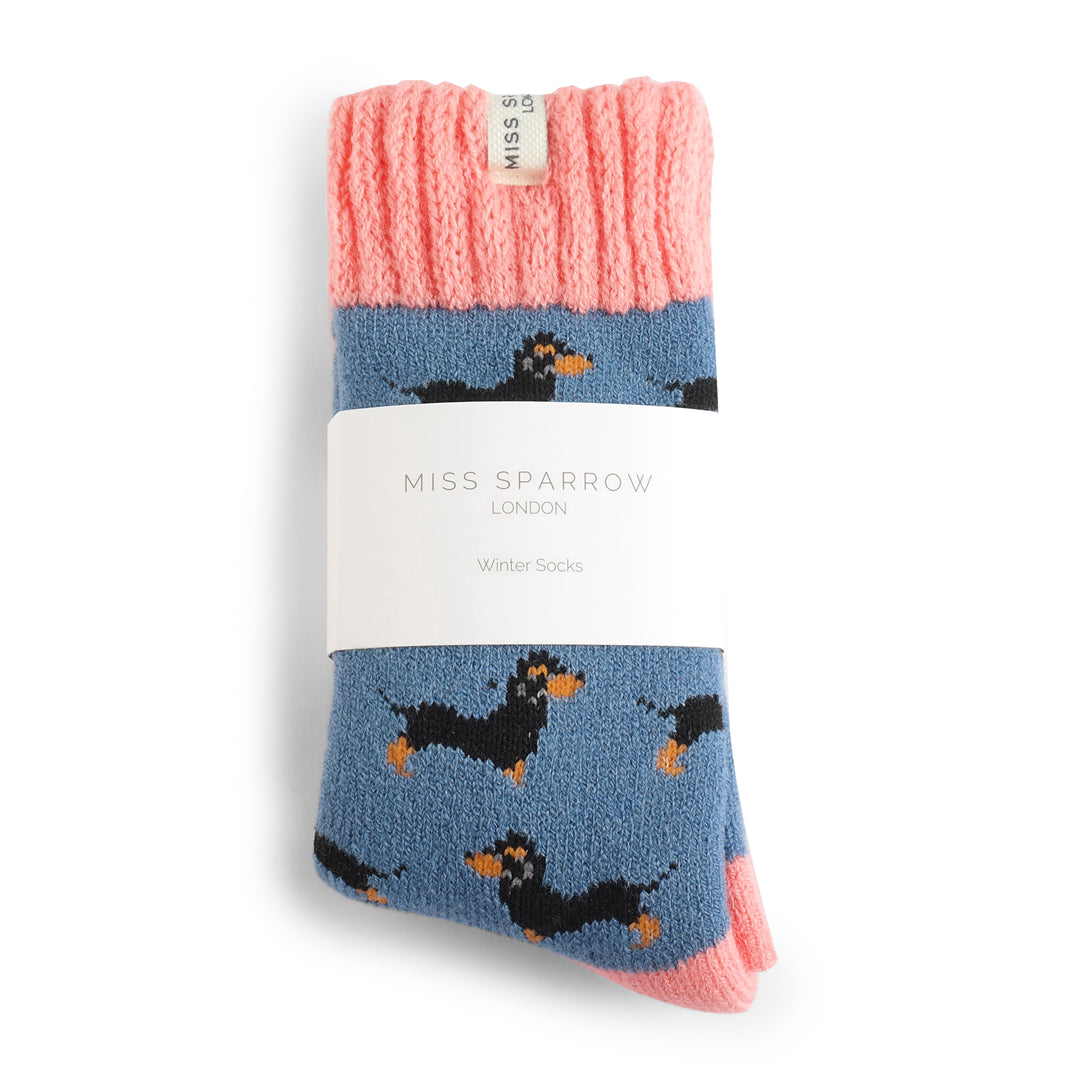 Winter Little Sausage Dogs Blue Womens Novelty Ankle Socks Adult One Size