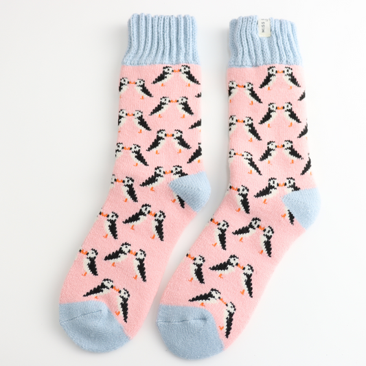 Winter Kissing Puffins Dusky Pink Womens Novelty Ankle Socks Adult One Size