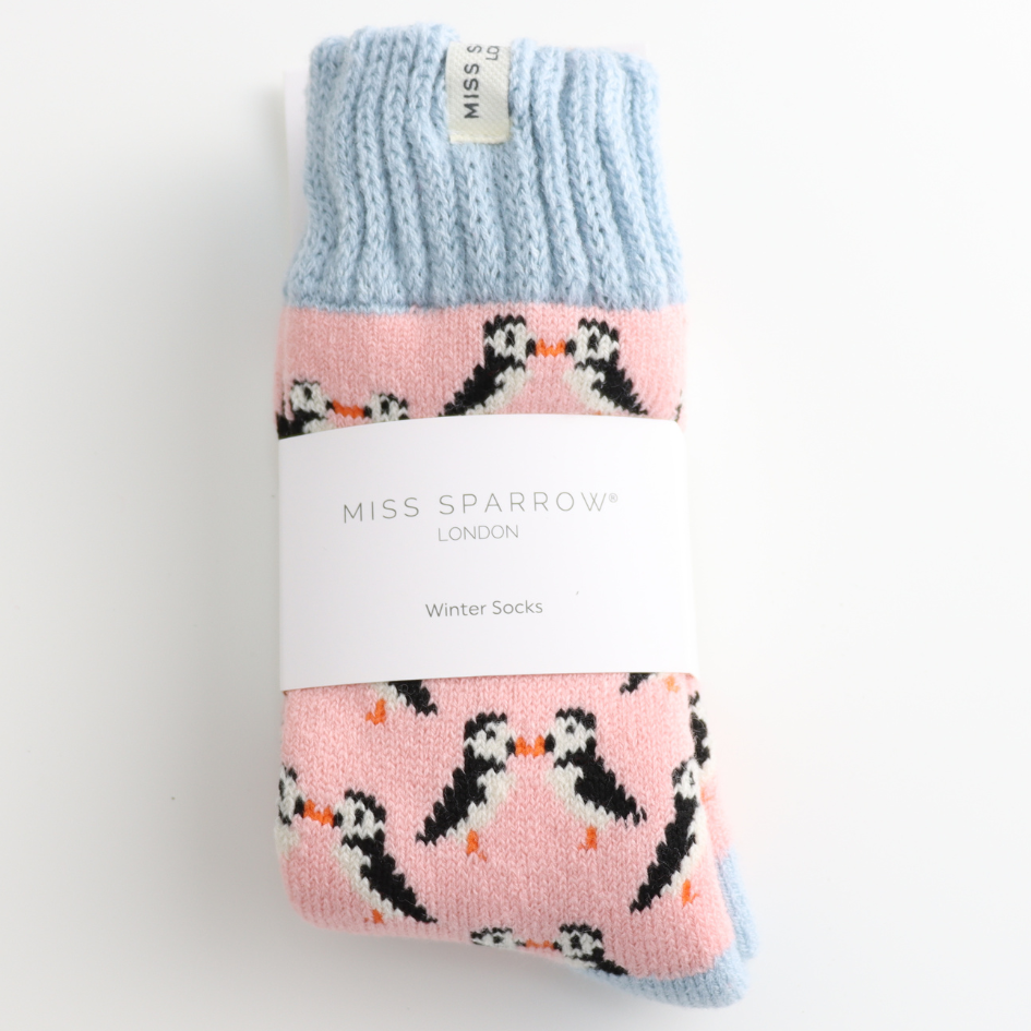Winter Kissing Puffins Dusky Pink Womens Novelty Ankle Socks Adult One Size