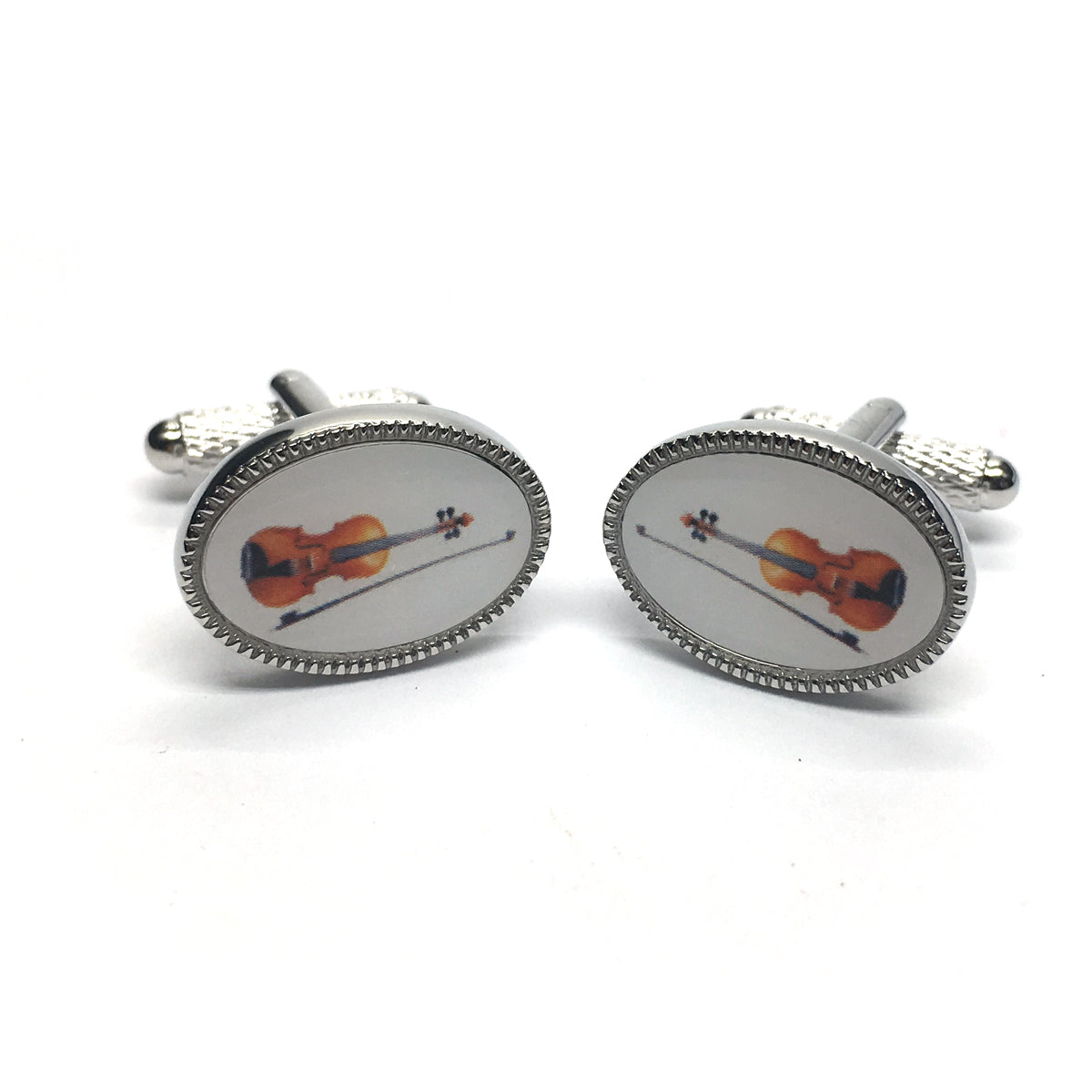 Enamelled Violin oval silver-plated torpedo cufflinks in padded gift box image 0
