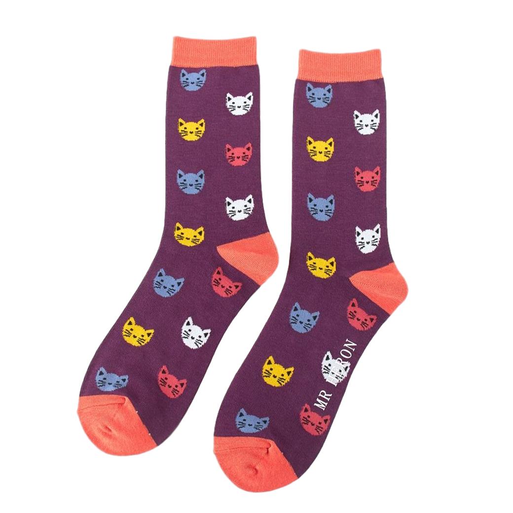 Kitty Cat Faces Purple Mens Novelty Ankle Socks Adult One Size image 0