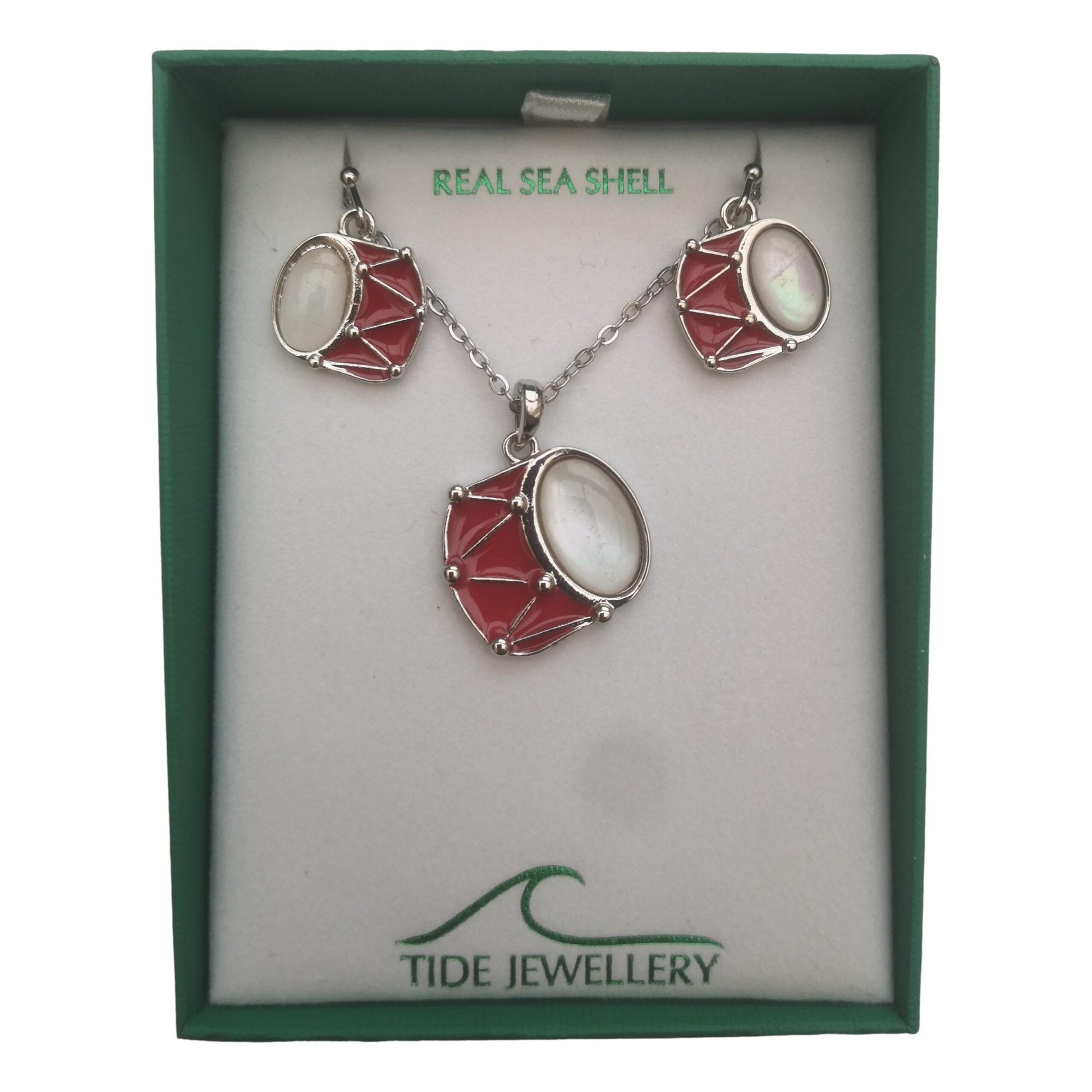 Red Drum Mother of Pearl shell rhodium-plated pendant and earrings set image 2