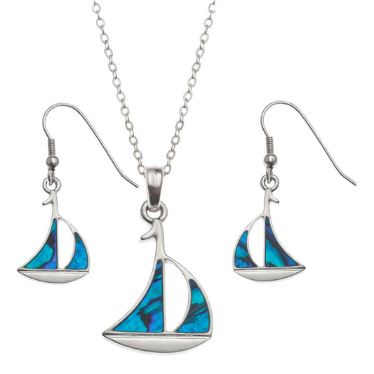 Blue Sailing Boats Paua shell rhodium-plated pendant and earrings set image 0