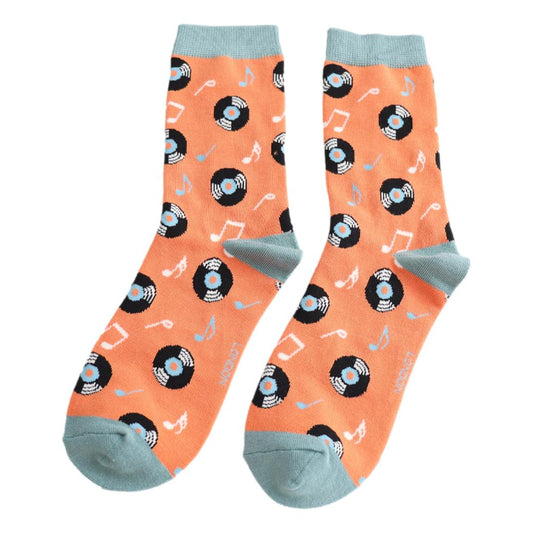Vinyl Music Discs on Orange Womens Novelty Ankle Socks Adult One Size image 0