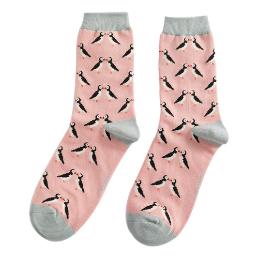 Kissing Puffins on Dusky Pink Womens Novelty Ankle Socks Adult One Size image 0