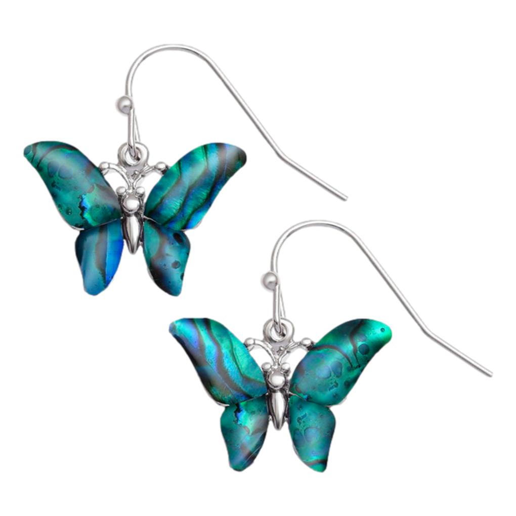Blue/Green Butterfly Paua shell rhodium-plated pendant and earrings set image 2