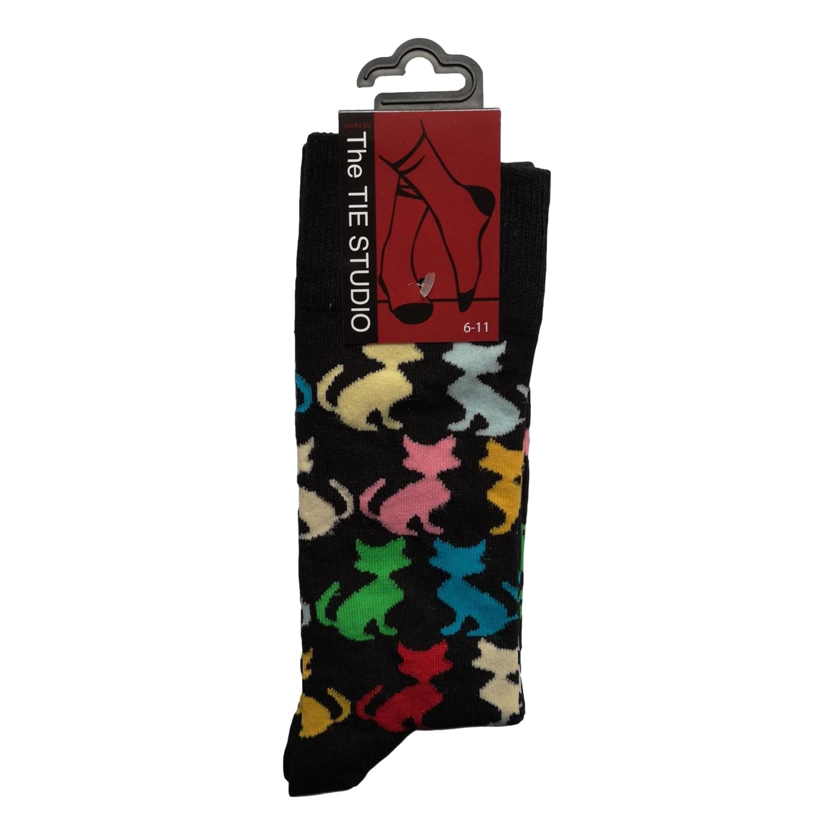 Coloured Cats on black Unisex Novelty Ankle Socks Adult Size 6-11 image 0