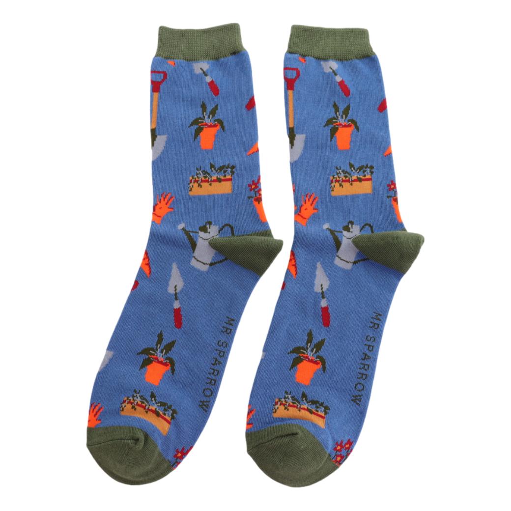 Gardener's Tools on Denim Blue Mens Novelty Ankle Socks Adult One Size image 0
