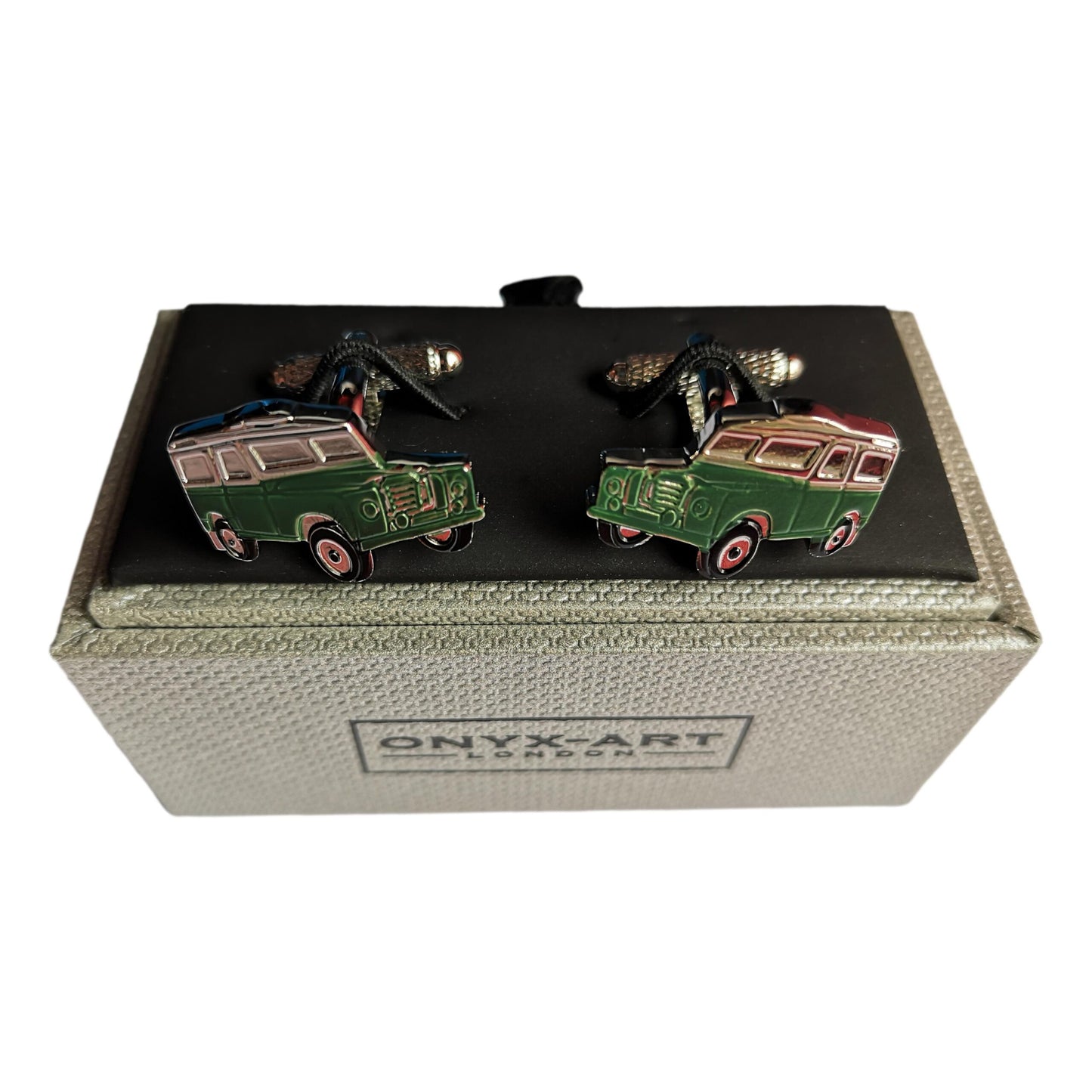 Green Farm Land Rover silver-plated torpedo cufflinks in padded gift box image 2