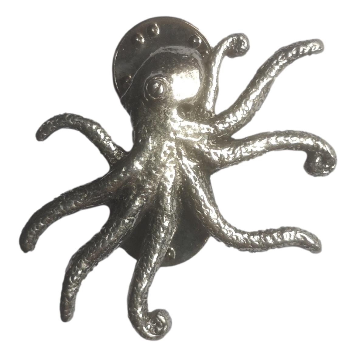 Octopus polished pewter metal lapel pin badge image 1