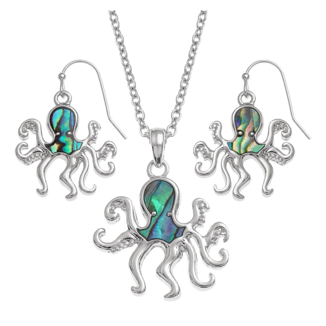 Blue/Green Octopus Paua shell rhodium-plated pendant and earrings set image 0