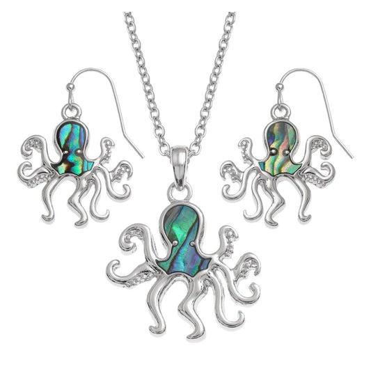 Blue/Green Octopus Paua shell rhodium-plated pendant and earrings set image 0