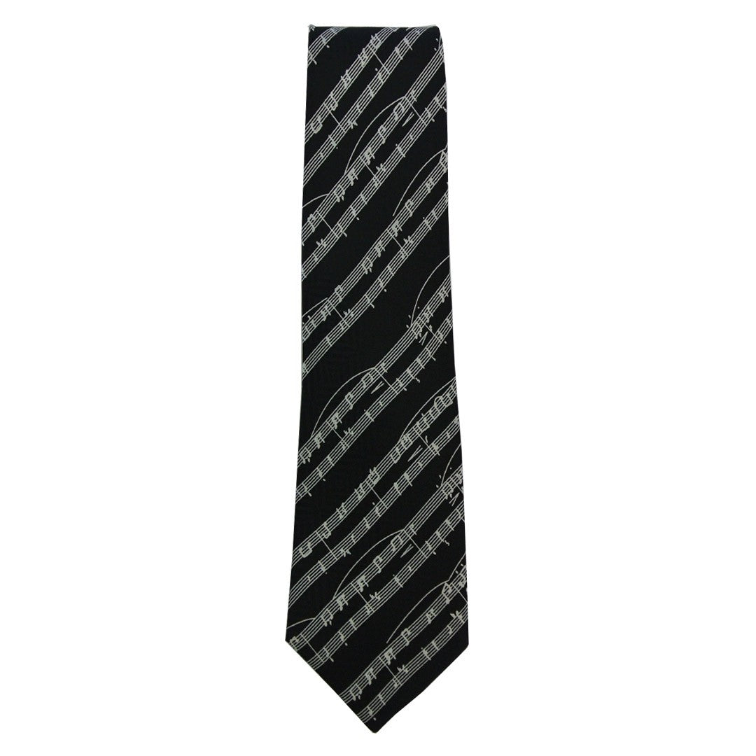 Diagonal Sheet Music White on Black 100% Silk Classic Tie image 1