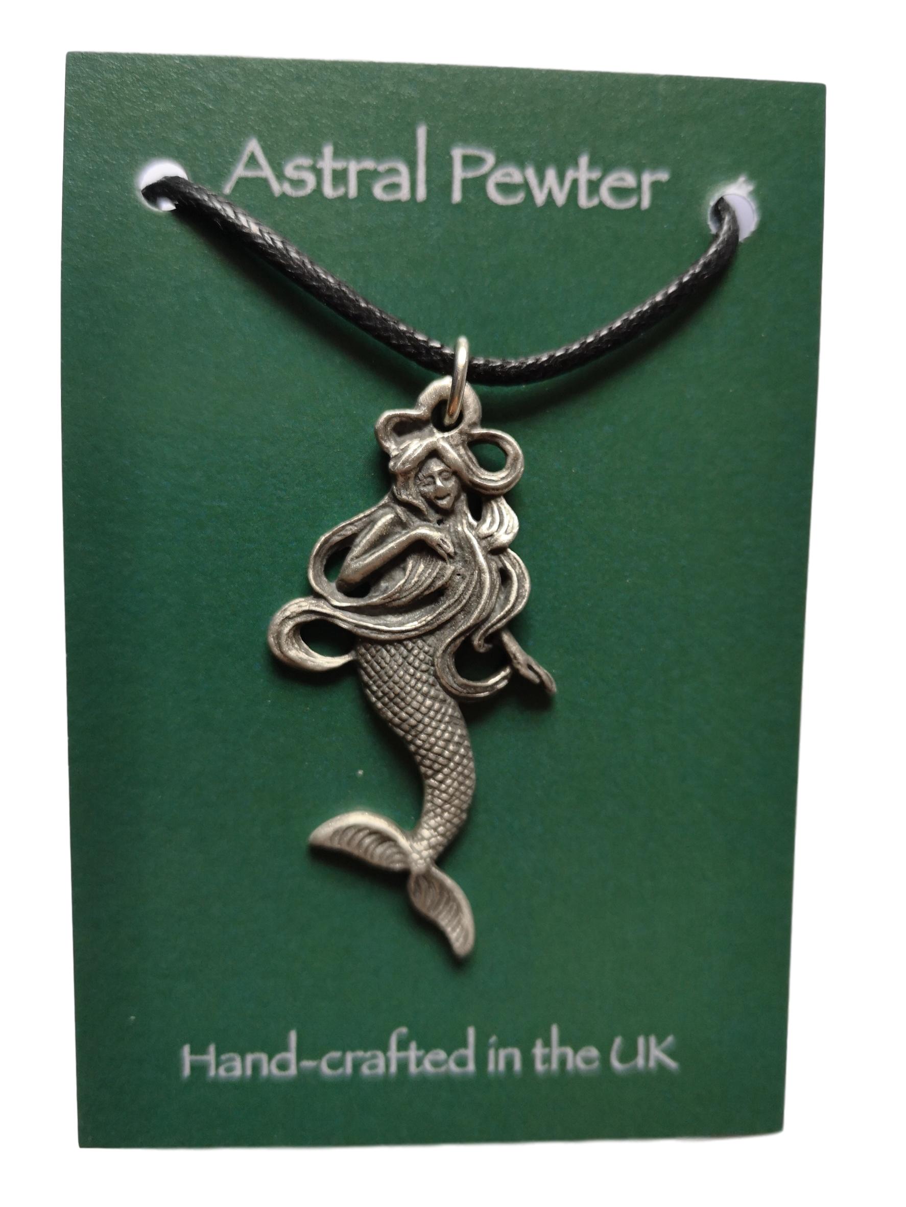 Mermaid pewter metal black cord pendant image 1