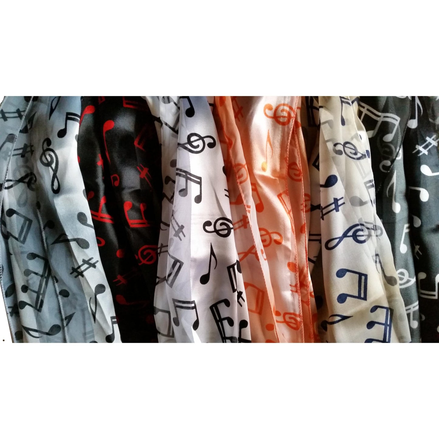 Treble Clef and Music Notes Satin Stripe Red on Black Scarf image 1