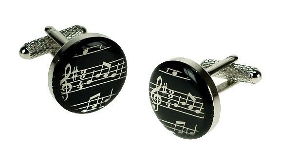 Black Encapsulated Round Music Stave silver-plated torpedo cufflinks in padded gift box image 0