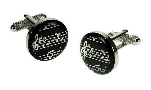 Black Encapsulated Round Music Stave silver-plated torpedo cufflinks in padded gift box image 0