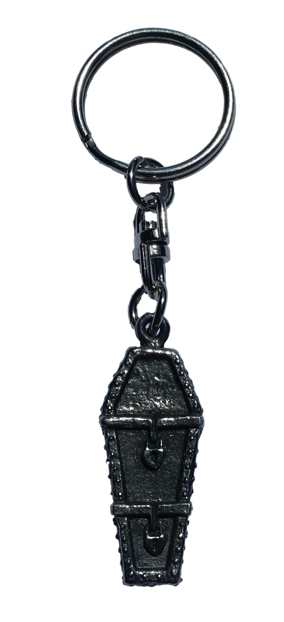 Skeleton in coffin pewter metal keyring image 1