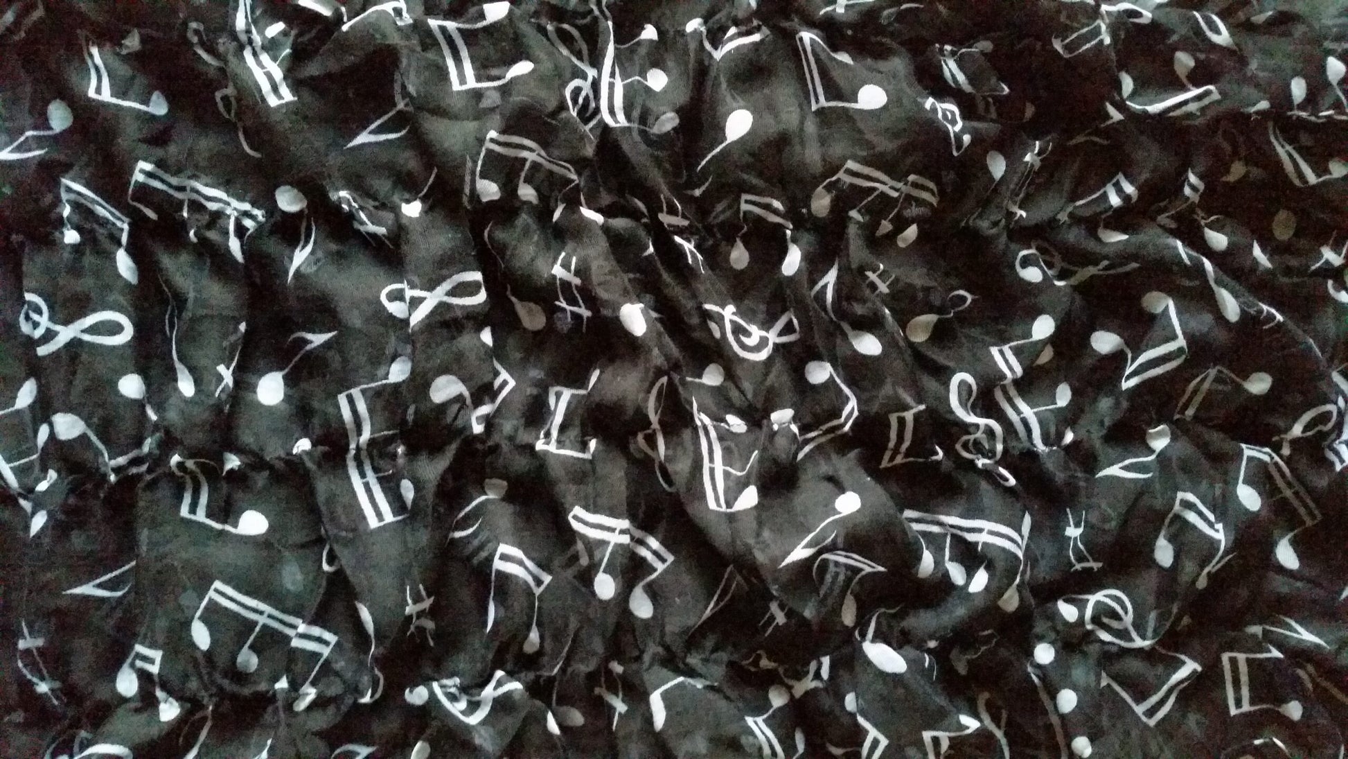 Treble Clefs and Music Notes Viscose Crinkle feel White on Black Polyester Scarf image 1