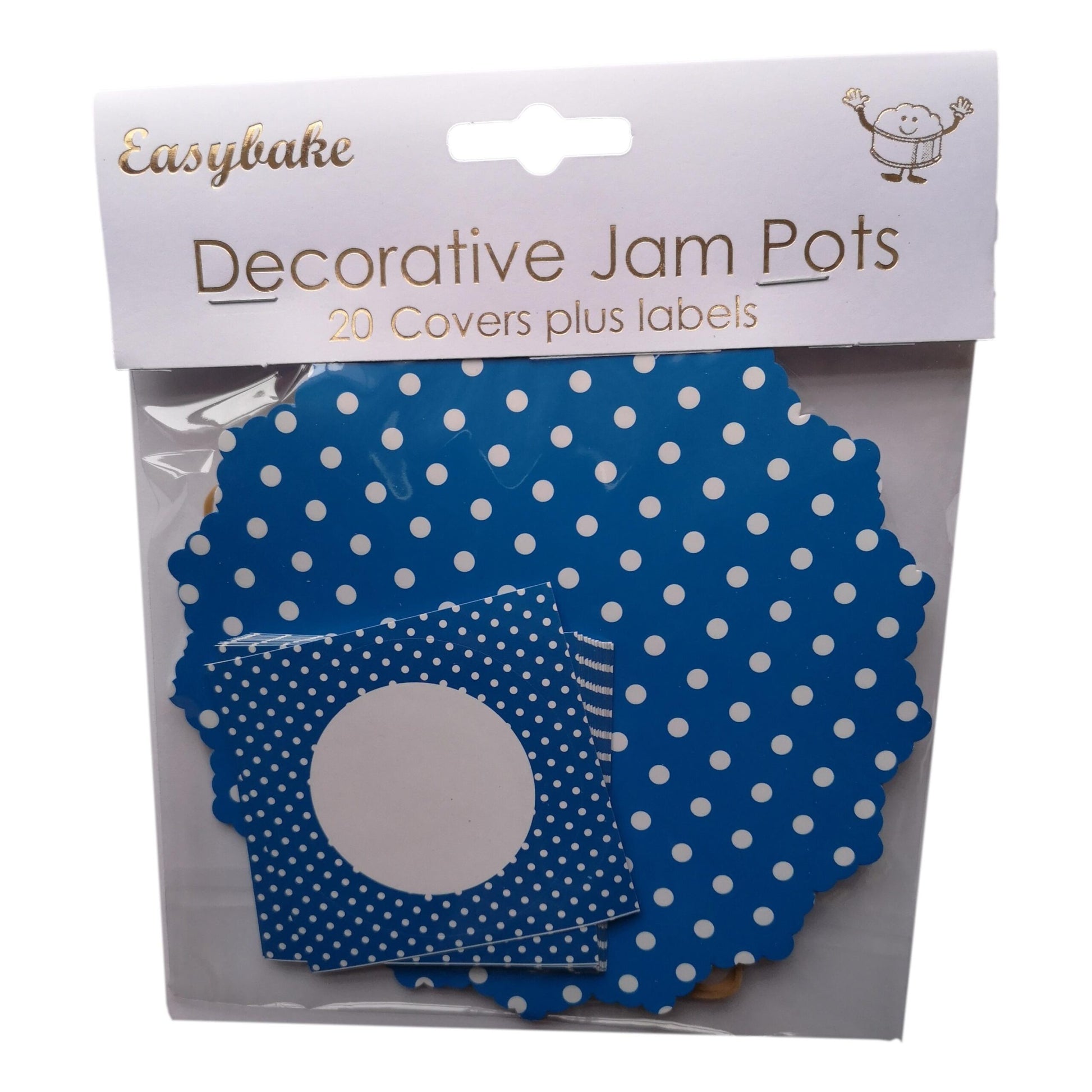 20 White Polka Dots on Blue Jam Pot Covers, Wax Discs, Rubber Bands and Self-Adhesive Labels image 0